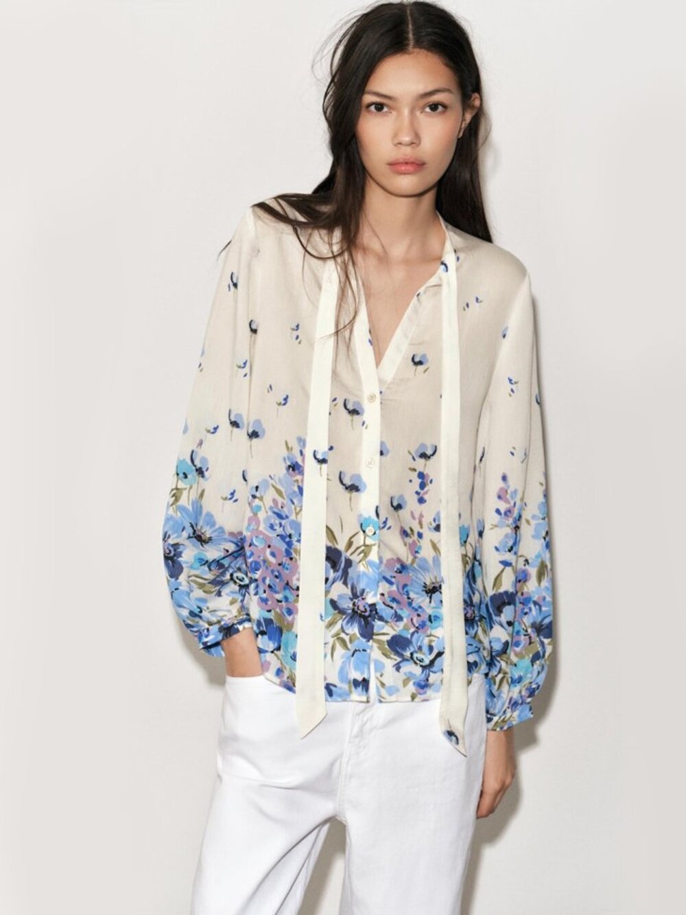 Zara Tied Front Floral Print Blouse Size S Shirt Balloon Sleeves